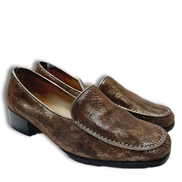 AMALFI Snake Pattern Square Toe Penny Loafer Chunky Block Heels Tan Gold Sz 7.5 - Picture 1 of 12